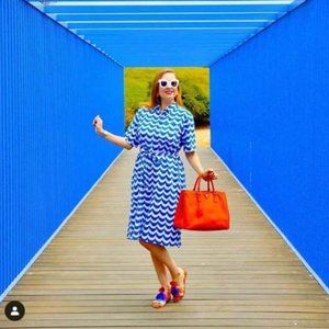 NWT Marimekko Linen Cotton Shirtdress Midi in 1960's Blue Wave Print  S